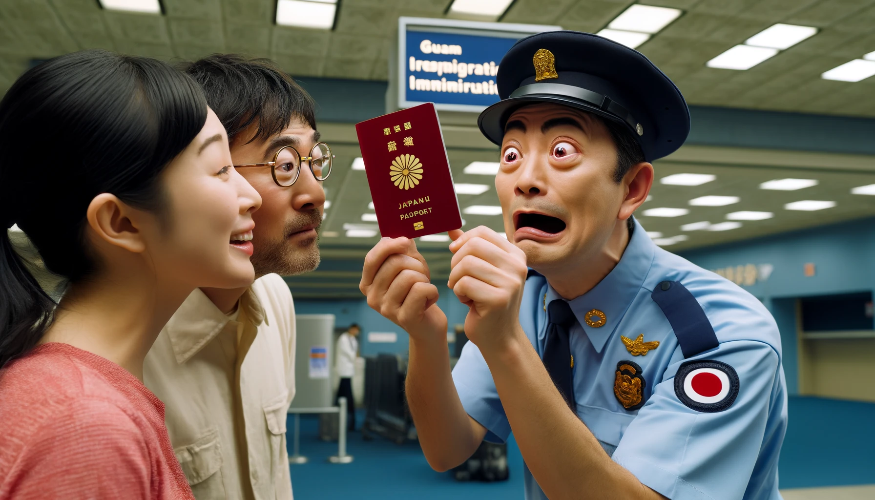 パスポートを見ている入国審査官